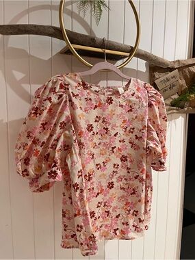 H&M Cream Pink Floral Puff-Sleeve Blouse
